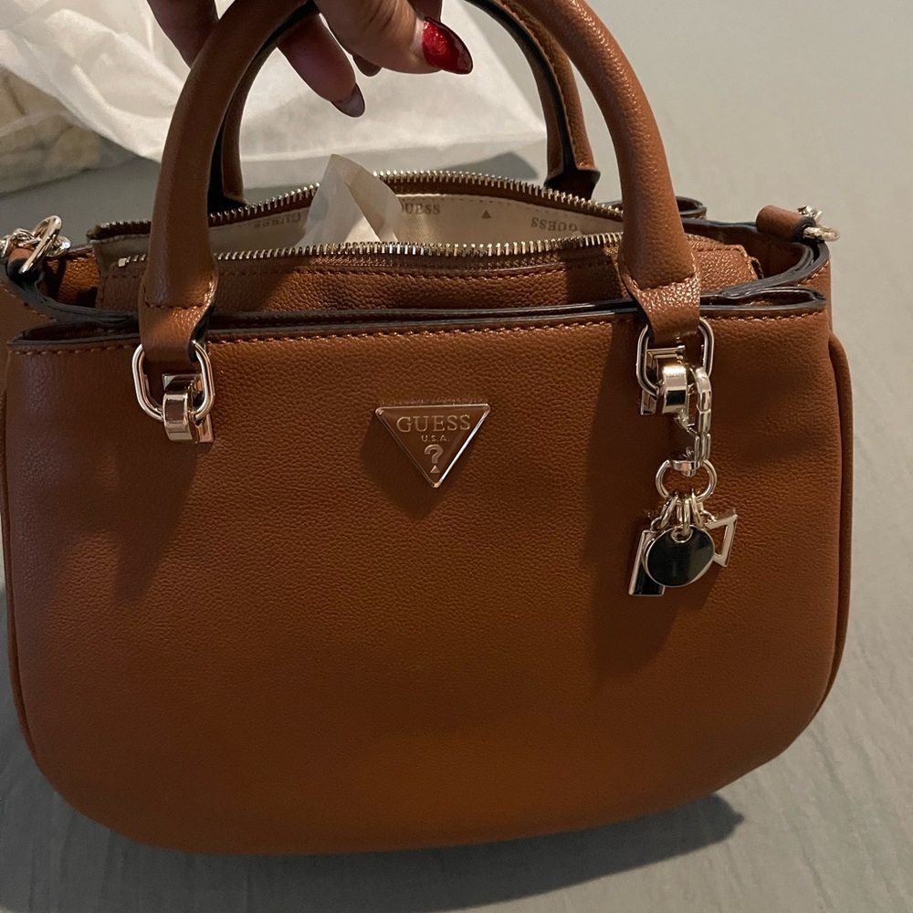 Guess Tan Satchel Bag with Gold Accents